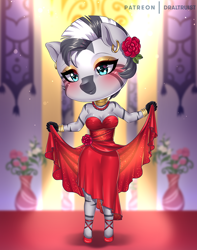 Size: 750x950 | Tagged: safe, artist:draltruist, zecora, anthro, unguligrade anthro, zebra, big head, blushing, breasts, chibi, cleavage, clothes, commission, cute, dress, female, flower, flower in hair, mare, red dress, shoes, ze-bra buster, zecorable