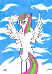 Size: 1590x2263 | Tagged: safe, artist:assertiveshypony, blossomforth, pegasus, pony, cloud, cloudy, drawing, looking at you, standing, traditional art