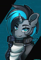 Size: 1024x1493 | Tagged: safe, artist:ciderpunk, oc, pony, unicorn, bust, clothes, commission, cyberpunk, jacket, scar