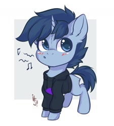 Size: 1200x1331 | Tagged: safe, artist:falafeljake, oc, oc only, oc:tesseract, unicorn, chibi, clothes, cute, hoodie, male, music notes, simple background, solo, stallion, whistle