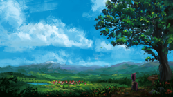 Size: 1920x1080 | Tagged: safe, artist:plainoasis, tempest shadow, pony, unicorn, female, looking away, mare, outdoors, painting, scenery, scenery porn, sky, solo, standing, tempest's village, tree, village