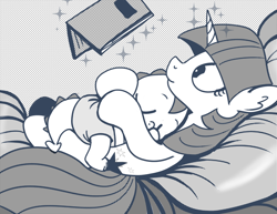 Size: 896x692 | Tagged: safe, artist:mamatwilightsparkle, spike, twilight sparkle, dragon, pony, unicorn, baby, baby spike, book, comic, cuddling, cute, diaper, hug, mama twilight, mama twilight sparkle, monochrome, reading, sleeping, spikabetes, tumblr, younger