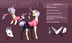 Size: 5000x3000 | Tagged: safe, artist:magenta, oc, oc only, oc:miami edge, pony, unicorn, clothes, ear piercing, earring, female, flip phone, glowing horn, horn, jacket, jewelry, kitsune, knife, levitation, magic, mare, mask, phone, piercing, reference sheet, shirt, shorts, sleeveless, solo, t-shirt, telekinesis