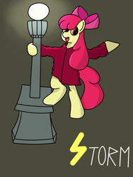 Size: 3000x4000 | Tagged: safe, artist:shooting star, apple bloom, earth pony, pony, cel shading, light pole, rain coat, ribbon, shading, solo