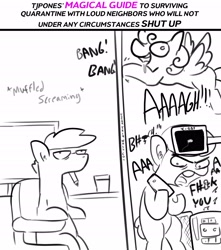 Size: 2250x2550 | Tagged: safe, artist:tjpones, part of a set, oc, oc only, oc:tjpones, earth pony, pegasus, pony, unicorn, dialogue, drool, glass, guide, male, onomatopoeia, pencil, simple background, stallion, vulgar, white background, x-ray
