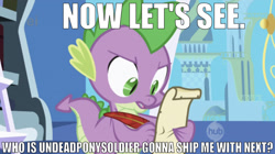 Size: 1161x652 | Tagged: safe, edit, edited screencap, editor:undeadponysoldier, screencap, spike, dragon, friendship is magic, canterlot, caption, hub logo, image macro, implied shipping, list, listing, male, meme, paper, quill, scroll, solo, spike gets all the colts, spike gets all the entities, spike gets all the fillies, spike gets all the mares, spike gets all the stallions, text, twilight's canterlot home, writing