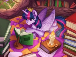 Size: 2048x1536 | Tagged: safe, artist:chillyfish, twilight sparkle, twilight sparkle (alicorn), alicorn, pony, book, candle, colored hooves, crown, female, golden oaks library, jewelry, leg fluff, library, mare, prone, reading, regalia, rug, solo, window