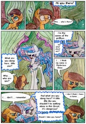 Size: 1450x2080 | Tagged: safe, artist:mysteriousshine, earth pony, hippogriff, pony, comic:the children of the night, comic, dialogue, ethereal mane, female, forest, mare, starry mane, surprised, traditional art