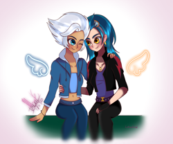 Size: 1800x1500 | Tagged: safe, artist:latashixd, indigo zap, night glider, human, belly button, belt, bracelet, clothes, ear piercing, earring, female, fingerless gloves, gloves, goggles, hoodie, hug, humanized, indiglider, jacket, jeans, jewelry, lesbian, midriff, necklace, one eye closed, pants, piercing, shipping, sports bra, sweatpants, tanktop, winged humanization, wings, wink