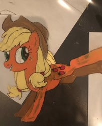 Size: 394x486 | Tagged: safe, artist:whistle blossom, derpibooru import, applejack, earth pony, pony, animation cel, applejack's hat, bucking, cowboy hat, female, grin, hat, mare, smiling