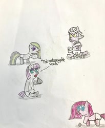 Size: 445x543 | Tagged: safe, artist:whistle blossom, derpibooru import, limestone pie, marble pie, maud pie, pinkie pie, earth pony, pony, angry, baby, baby pie, cute, cuteamena, dialogue, diaper, female, filly, foal, limabetes, looking at you, madorable, marblebetes, maudabetes, open mouth, pie sisters, pinkamena diane pie, rock, sad, sadorable, siblings, simple background, sisters, talking to viewer, toddler, traditional art, white background, younger