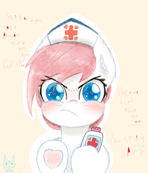 Size: 3000x3500 | Tagged: safe, artist:natu-na, derpibooru exclusive, nurse redheart, earth pony, pony, angry, blushing, bust, colored pupils, coronavirus, covid-19, cute, dialogue, ear fluff, eyelashes, hand sanitizer, heart, heart hoof, looking at you, madorable, solo