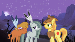 Size: 2064x1165 | Tagged: safe, braeburn, little strongheart, marble pie, buffalo, earth pony, pony, braeble, braeheart, camp, cute, desert, feather, female, friendship, friendshipping, looking at each other, male, marblebetes, moon, movie reference, night, scenery, shipping, stars, straight, tent, tipi, youtube link