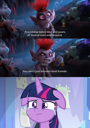 Size: 2000x2827 | Tagged: safe, edit, edited screencap, screencap, twilight sparkle, twilight sparkle (alicorn), alicorn, pony, the ending of the end, cheese whiz, comic, crying, crylight sparkle, ear piercing, eyeshadow, female, fishnet stockings, floppy ears, invitation, makeup, mare, mohawk, piercing, queen barb, rock trolls, screencap comic, trolls, trolls world tour