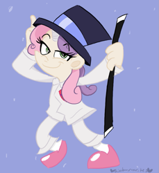 Size: 733x800 | Tagged: safe, artist:mirabuncupcakes15, sweetie belle, human, growing up is hard to do, bedroom eyes, blue background, cane, clothes, dancing, female, hat, horn, horned humanization, humanized, older, older sweetie belle, pants, shoes, simple background, socks, solo, suit, top hat