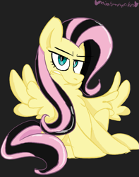 Size: 631x800 | Tagged: safe, artist:mirabuncupcakes15, derpibooru import, fluttershy, pegasus, pony, angry, annoyed, black background, chest fluff, emoshy, female, fluttershy is not amused, mare, simple background, sitting, solo, unamused