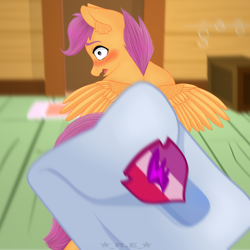 Size: 3840x3840 | Tagged: safe, artist:rise_of_evil_69, scootaloo, pegasus, pony, bag, big eyes, blushing, ear fluff, ears, embarrassed, eye, faic, female, looking at you, looking back, looking back at you, mare, orange body, pink mane, room, saddle bag, small wings, solo, strategically covered, wings