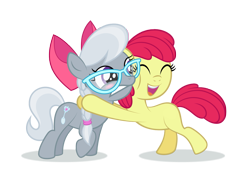 Size: 1323x934 | Tagged: safe, artist:culu-bluebeaver, edit, editor:slayerbvc, apple bloom, silver spoon, earth pony, pony, accessory swap, accessory-less edit, apple bloom's bow, bow, embarrassed, female, filly, glasses, hair bow, hug, jewelry, missing accessory, necklace, simple background, transparent background, vector, vector edit