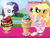 Size: 800x600 | Tagged: safe, artist:user15432, derpibooru import, applejack, fluttershy, rarity, earth pony, pegasus, pony, unicorn, bow, chocolate, colorgirlgames, cone, food, fruit, fynsy, herbivore, ice cream, ice cream cone, sprinkles, strawberry, sundae, whipped cream