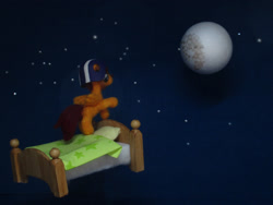 Size: 2525x1894 | Tagged: safe, alternate version, artist:malte279, scootaloo, pegasus, bed, craft, dream, felting, folded wings, moon, needle felted, night, night sky, plushie, sculpture, sky, wings