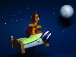 Size: 1024x768 | Tagged: safe, alternate version, artist:malte279, scootaloo, pegasus, bed, craft, dream, felting, folded wings, little nemo, moon, needle felted, night, night sky, plushie, sculpture, sky, wings