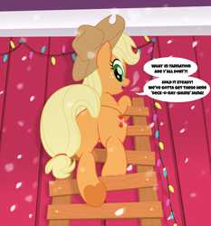 Size: 3600x3860 | Tagged: safe, artist:spookitty, derpibooru import, applejack, earth pony, pony, applebutt, applejack's hat, butt, christmas, christmas lights, climbing, cowboy hat, dialogue, female, from below, hat, holiday, ladder, looking at you, looking back, looking back at you, mare, open mouth, plot, raised tail, solo, speech bubble, tail, tail aside, underhoof