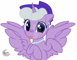 Size: 1920x1500 | Tagged: safe, artist:princesslunayay, alicorn, pony, adorable face, base used, blushing, curly hair, cute, daaaaaaaaaaaw, dawwww, deviantart watermark, ear piercing, earring, female, hat, jewelry, logo, looking at you, mare, necklace, obtrusive watermark, piercing, ponified, princesslunayay is trying to murder us, queen elizabeth ii, simple background, solo, spread wings, tongue out, watermark, white background, wings