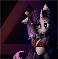 Size: 1761x1798 | Tagged: safe, artist:dipfanken, oc, oc only, pony, unicorn, solo, sword, tongue out, weapon, witcher