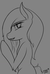 Size: 861x1280 | Tagged: safe, artist:crescentpony, oc, oc only, earth pony, pony, earth pony oc, femboy, gray background, lineart, male, monochrome, open mouth, signature, simple background, solo, stallion