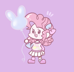 Size: 669x650 | Tagged: safe, artist:typhwosion, derpibooru import, pinkie pie, human, animal crossing, balloon, bow, chibi, clothes, cute, diapinkes, female, hair bow, happy, humanized, purple background, shoes, simple background, skirt, socks, solo, sweater