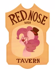 Size: 1458x1882 | Tagged: safe, artist:typhwosion, derpibooru import, pinkie pie, earth pony, pony, bust, clown nose, hat, logo, red nose, solo, tavern, text