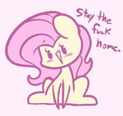 Size: 636x600 | Tagged: safe, artist:typhwosion, derpibooru import, fluttershy, pegasus, pony, blushing, coronavirus, covid-19, cute, dialogue, dissonant caption, mouthpiece, pink background, simple background, sitting, solo, stay at home, subversive kawaii, swearing, swearyshy, text, vulgar