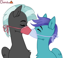 Size: 1918x1753 | Tagged: safe, alternate version, artist:kim0508, open skies, thunderlane, pegasus, pony, blushing, boop, chest fluff, commission, coronavirus, covid-19, ear fluff, eyes closed, face mask, gay, improper use of ppe, male, mask, noseboop, ppe, quarantine, shipping, simple background, stallion, surgical mask, thunderskies, white background, ych result