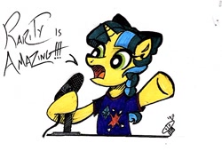 Size: 676x461 | Tagged: safe, artist:woodwinddraws, oc, oc only, oc:ducky ink, pony, unicorn, clothes, cutie mark, dialogue, implied lesbian, implied rarilight, implied shipping, microphone, midair pony fair, shirt, simple background, solo, white background