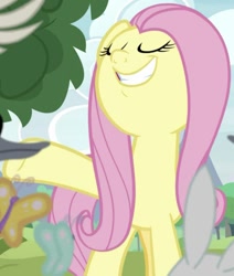 Size: 670x789 | Tagged: safe, derpibooru import, screencap, fluttershy, butterfly, pegasus, pony, rabbit, memnagerie, spoiler:memnagerie, spoiler:mlp friendship is forever, animal, cropped, eyes closed, faic, female, mare, solo