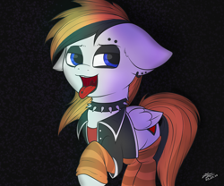 Size: 4000x3333 | Tagged: safe, artist:azerta56, oc, oc:manupone, clothes, collar, gothic, jacket, legwarmers, sassy, teasing, tongue out