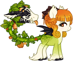 Size: 312x263 | Tagged: safe, artist:glitterring, oc, oc only, oc:golden harvest, monster pony, original species, plant pony, augmented tail, bat wings, bow, cow plant pony, ear fluff, eyelashes, fangs, hair bow, hoof fluff, hoof polish, makeup, plant, simple background, smiling, tongue out, transparent background, vine, wings