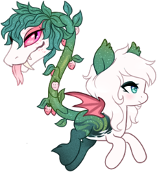 Size: 271x296 | Tagged: safe, artist:glitterring, oc, oc only, monster pony, original species, plant pony, augmented tail, bat wings, cow plant pony, ear fluff, fangs, food, forked tongue, hoof fluff, plant, simple background, slit eyes, starry hair, strawberry, tongue out, transparent background, wings