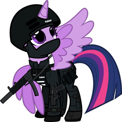 Size: 5000x4990 | Tagged: safe, alternate version, artist:n0kkun, part of a set, twilight sparkle, twilight sparkle (alicorn), alicorn, pony, armor, balaclava, belt, boots, clothes, commission, earpiece, female, flashlight (object), german, glock, glock 17, gloves, gun, handgun, helmet, holster, mare, mask, mp5, pants, pistol, police, pouch, radio, sek, shirt, shoes, simple background, ski mask, solo, submachinegun, transparent background, walkie talkie, watch, weapon