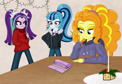 Size: 2600x1800 | Tagged: safe, artist:shinhoffman, adagio dazzle, aria blaze, sonata dusk, fly, insect, equestria girls, candle, clothes, empty, female, high res, the dazzlings, trio, wallet, winter outfit