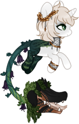 Size: 239x376 | Tagged: safe, artist:glitterring, oc, oc only, monster pony, original species, plant pony, augmented tail, bracelet, choker, cow plant pony, ear fluff, fangs, forked tongue, hoof fluff, horn, jewelry, laurel wreath, open mouth, plant, simple background, slit eyes, smiling, tongue out, transparent background