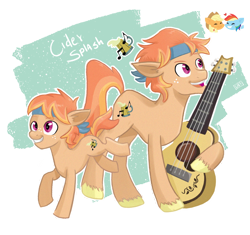 Size: 1150x1080 | Tagged: safe, artist:laescbr, oc, oc:cider splash, earth pony, acoustic guitar, bandana, earth pony oc, freckles, guitar, magical lesbian spawn, male, musical instrument, next generation, offspring, parent:applejack, parent:rainbow dash, parents:appledash, shipping, simple background, transparent background