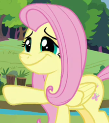 Size: 341x384 | Tagged: safe, derpibooru import, screencap, fluttershy, pegasus, pony, memnagerie, spoiler:memnagerie, spoiler:mlp friendship is forever, cropped, cute, faic, female, folded wings, mare, raised hoof, shyabetes, solo, wide smile