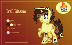 Size: 3999x2507 | Tagged: safe, artist:n0kkun, oc, oc only, oc:trail blazer (ice1517), pony, unicorn, commission, ear piercing, earring, eyebrows, gradient background, grin, jewelry, lip piercing, male, multicolored hair, piercing, raised hoof, reference sheet, smiling, solo, stallion, tattoo