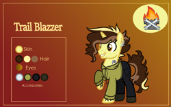 Size: 3999x2507 | Tagged: safe, alternate version, artist:n0kkun, oc, oc only, oc:trail blazer (ice1517), pony, unicorn, boots, clothes, commission, ear piercing, earring, eyebrows, gradient background, grin, hoodie, jeans, jewelry, lip piercing, male, multicolored hair, pants, piercing, raised hoof, reference sheet, shoes, smiling, solo, stallion, tattoo