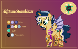 Size: 3999x2507 | Tagged: safe, artist:n0kkun, oc, oc only, oc:hightune stormblazer, alicorn, bat pony, bat pony alicorn, pony, alicorn oc, bat pony oc, bat wings, commission, ear piercing, earring, female, gradient background, grin, horn, icey-verse, jewelry, lip piercing, mare, multicolored hair, nose piercing, offspring, parent:oc:elizabat stormfeather, parent:oc:trail blazer (ice1517), parents:oc x oc, piercing, raised hoof, reference sheet, smiling, solo, tattoo, wings