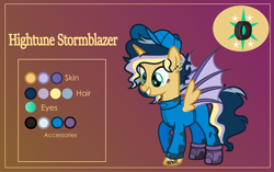 Size: 3999x2507 | Tagged: safe, alternate version, artist:n0kkun, oc, oc only, oc:hightune stormblazer, alicorn, bat pony, bat pony alicorn, pony, alicorn oc, bat pony oc, bat wings, clothes, commission, ear piercing, earring, female, gradient background, grin, hat, horn, icey-verse, jewelry, jumpsuit, lip piercing, mare, mechanic, multicolored hair, nose piercing, offspring, oil, parent:oc:elizabat stormfeather, parent:oc:trail blazer (ice1517), parents:oc x oc, piercing, raised hoof, reference sheet, smiling, solo, tattoo, wings