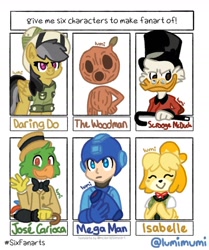 Size: 1080x1290 | Tagged: safe, artist:lumimumi, daring do, anthro, bird, dog, parrot, pegasus, pony, animal crossing, anthro with ponies, boater, bowtie, bust, cane, clothes, crossover, eyes closed, female, hat, isabelle, jose carioca, male, mare, megaman, megaman (character), pith helmet, scrooge mcduck, shih tzu, six fanarts, smiling, top hat, umbrella, waving, woodman