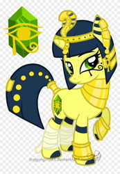 Size: 707x1024 | Tagged: source needed, safe, artist:diigii-doll, pony, unicorn, animal crossing, ankh, ankha, bracelet, crossover, cutie mark, ear piercing, earring, egyptian, emerald, eyeliner, female, headdress, horn, horn ring, jewelry, leg wrapping, looking at you, makeup, mare, mascara, necklace, piercing, ponified, simple background, solo, transparent background, watermark