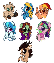 Size: 1332x1548 | Tagged: safe, artist:zoidledoidle, oc, oc only, deer, griffon, pegasus, pony, unicorn, broken horn, horn, simple background, smiling, transparent background